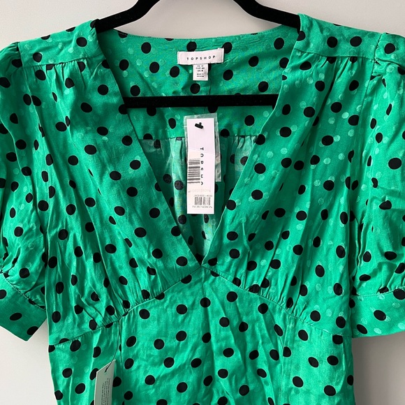Topshop Green & Black Polkadot Puff-Sleeve Dress - Picture 3 of 6